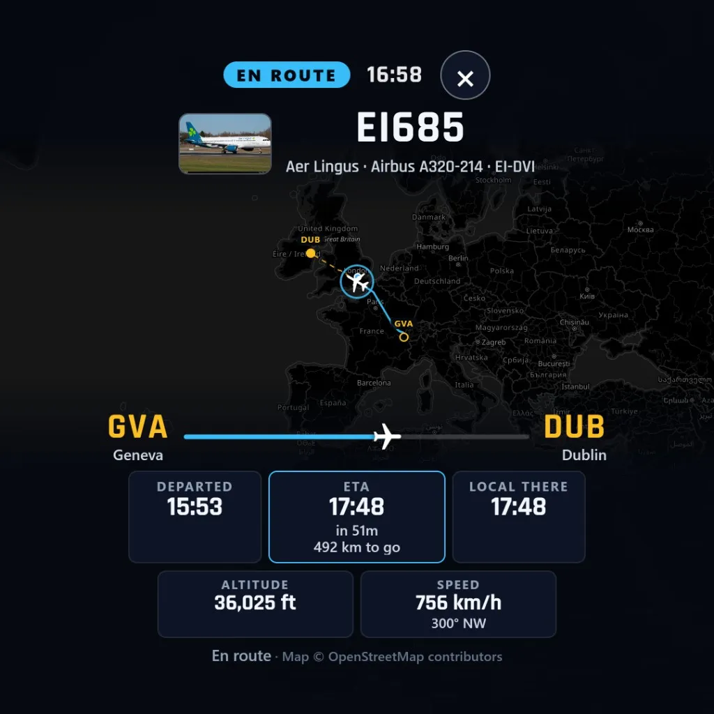 FlightAbove Altitude flight card after a live flight alert