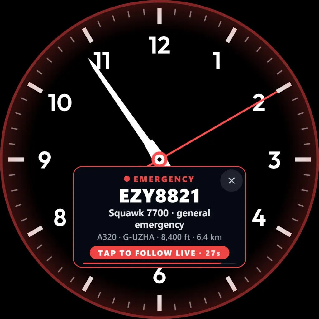 Live flight alert on FlightAbove Altitude: emergency squawk 7700 for EZY8821, with a red ring around the dial