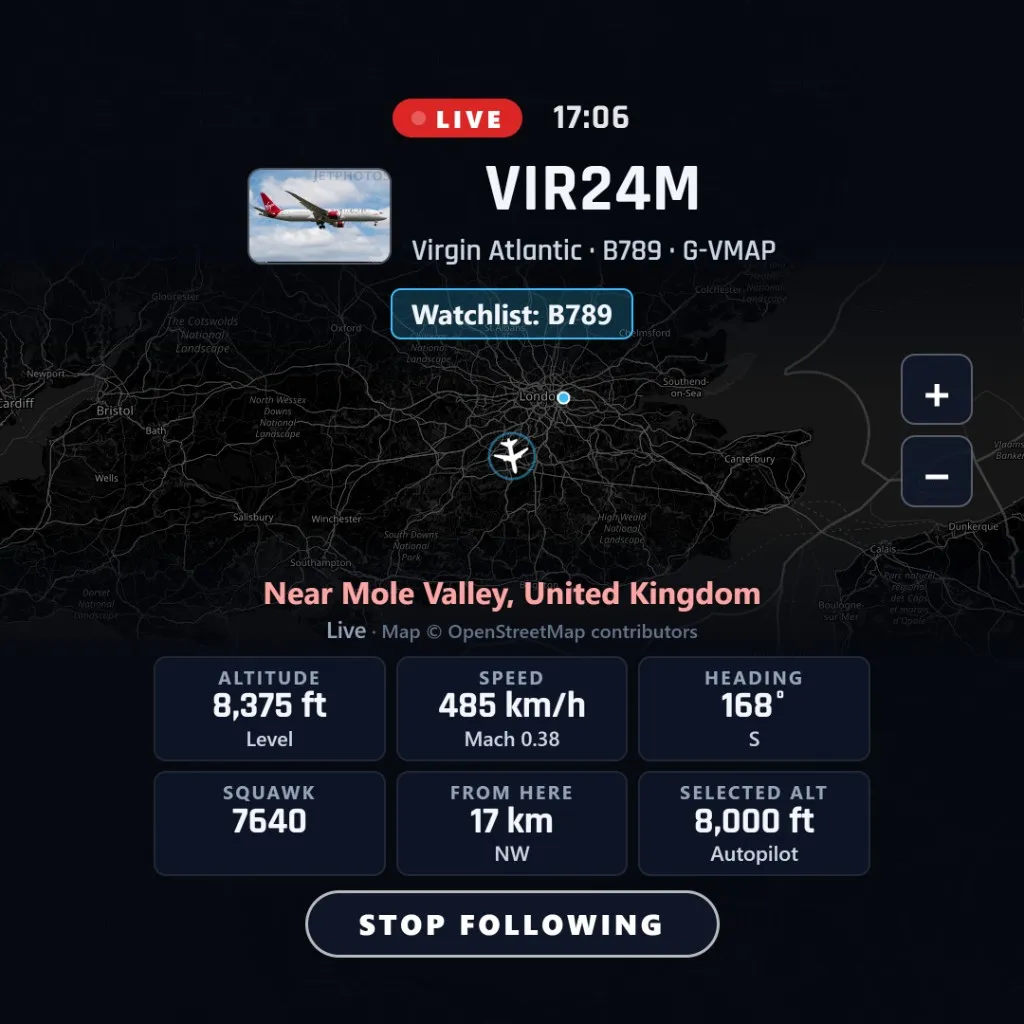 FlightAbove Altitude following a live flight alert on the map