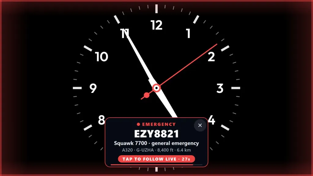 Live flight alert on FlightAbove Horizon: emergency squawk 7700 for EZY8821, with the screen edge lit red