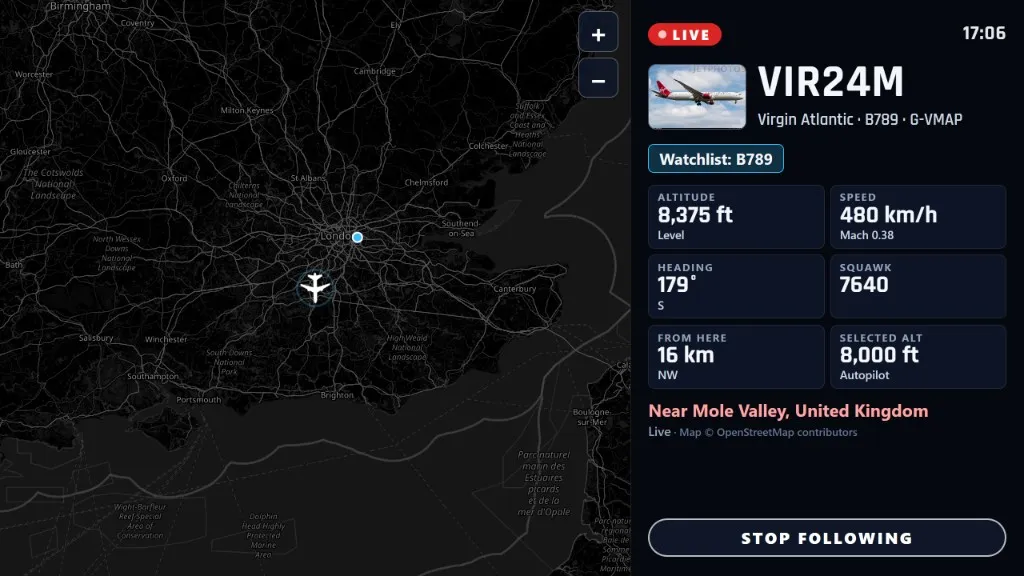 FlightAbove Horizon following Virgin Atlantic VIR24M live on the map after a flight alert