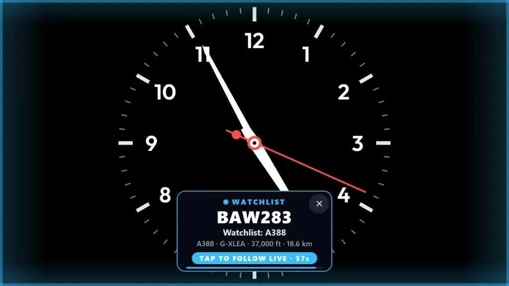 FlightAbove Horizon flight watchlist alert for BAW283, an A380 registered G-XLEA