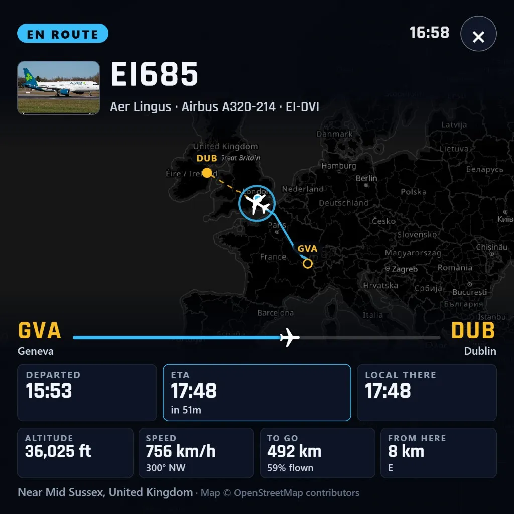 FlightAbove Mini flight card after a live flight alert, Aer Lingus EI685 from Geneva to Dublin