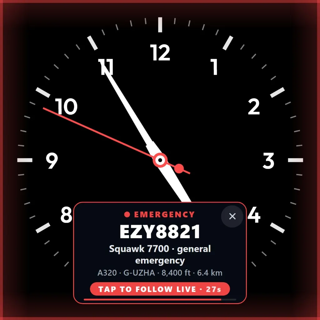 Live flight alert on FlightAbove Mini: emergency squawk 7700 for EZY8821, with the screen edge lit red