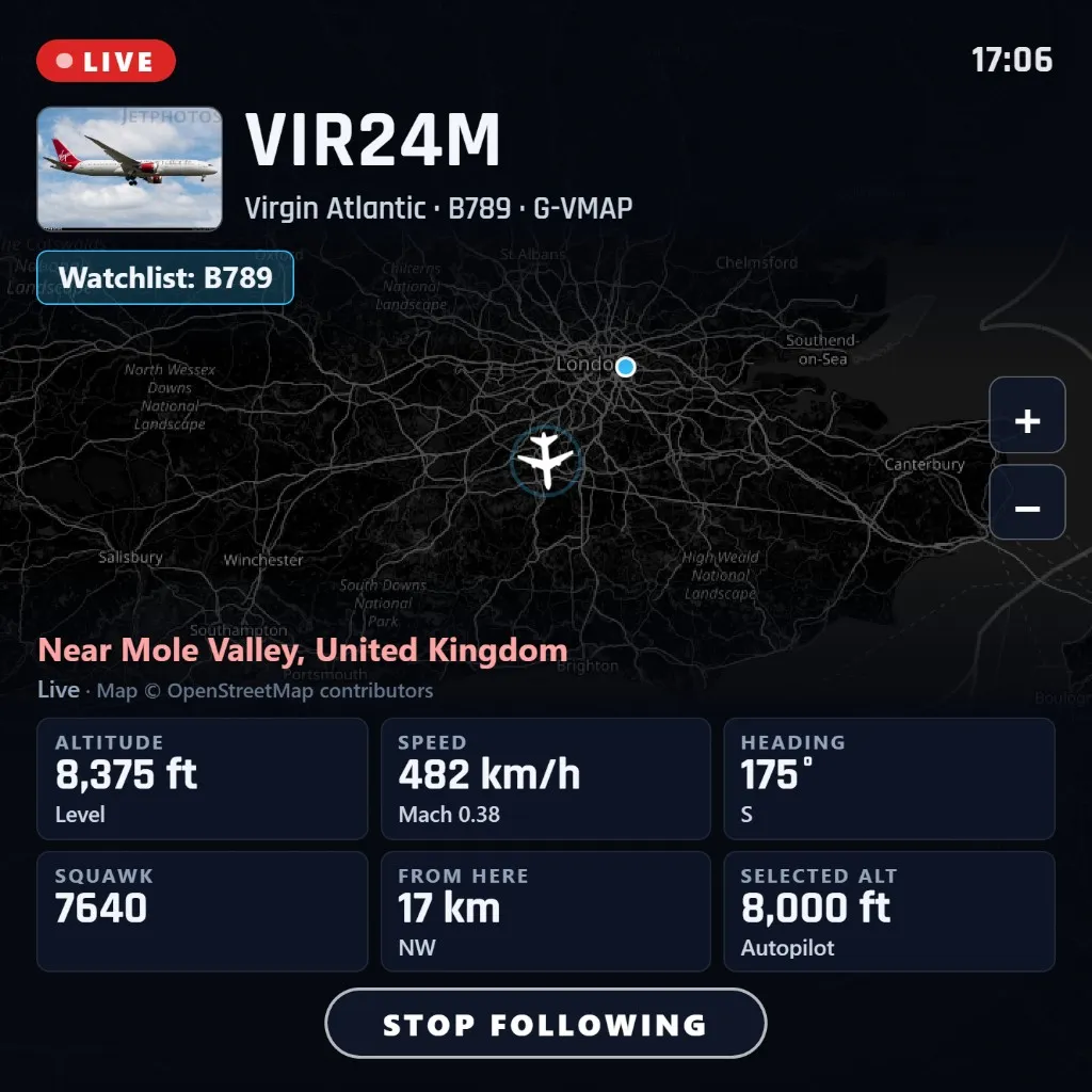 FlightAbove Mini following a live flight alert for Aer Lingus EI685 from Geneva to Dublin