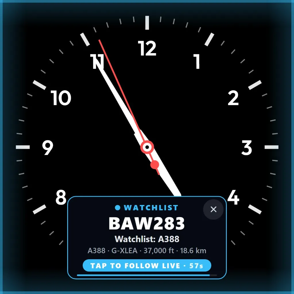 FlightAbove Mini flight watchlist alert for BAW283, an A380 registered G-XLEA