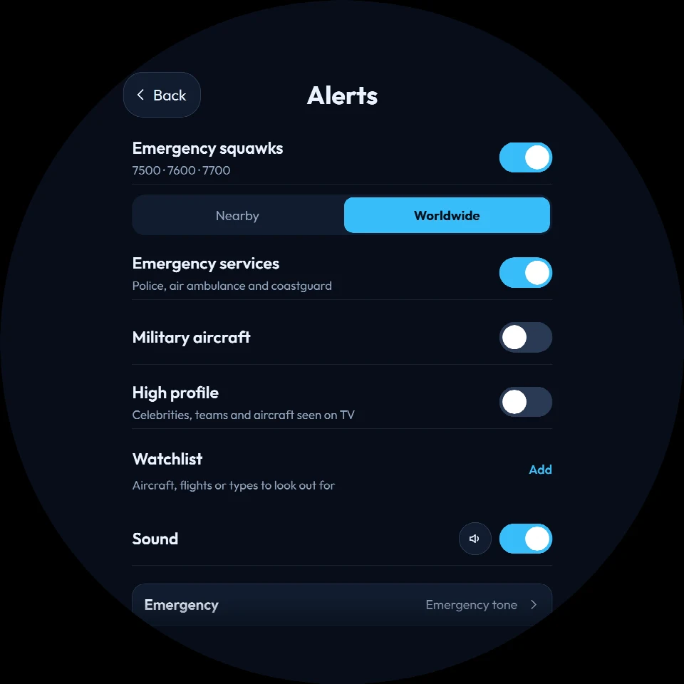 FlightAbove Altitude 5 inch round showing the on-screen Alerts menu with emergency squawks, emergency services, military, high profile, watchlist and sound