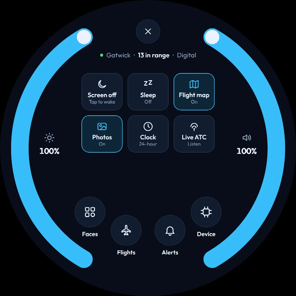 FlightAbove Altitude 5 inch round screen showing brightness and volume around the circle, with screen off, sleep, the flight map, photos, the clock and Live ATC