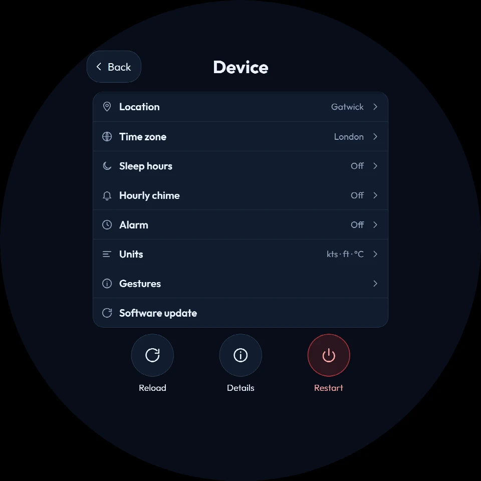 FlightAbove Altitude 5 inch round showing the on-screen Device menu with location, time zone, sleep hours, hourly chime, alarm, units, gestures and software update