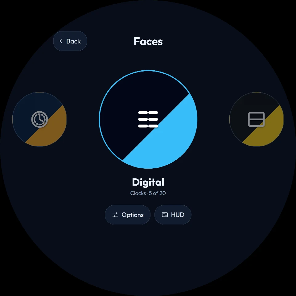 FlightAbove Altitude 5 inch round showing the on-screen Faces menu with face styles, colour presets and per-face options