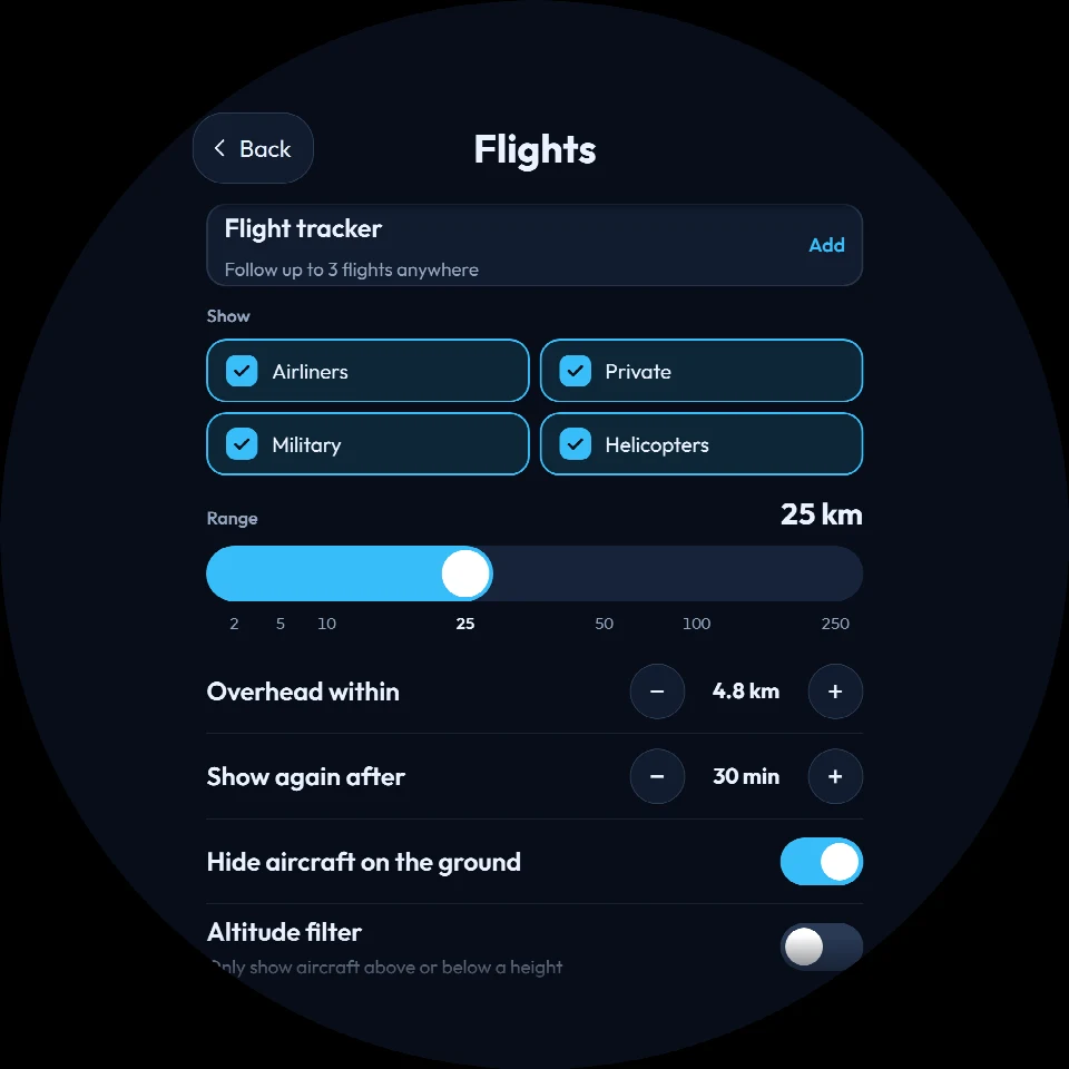 FlightAbove Altitude 5 inch round screen showing the Flights menu