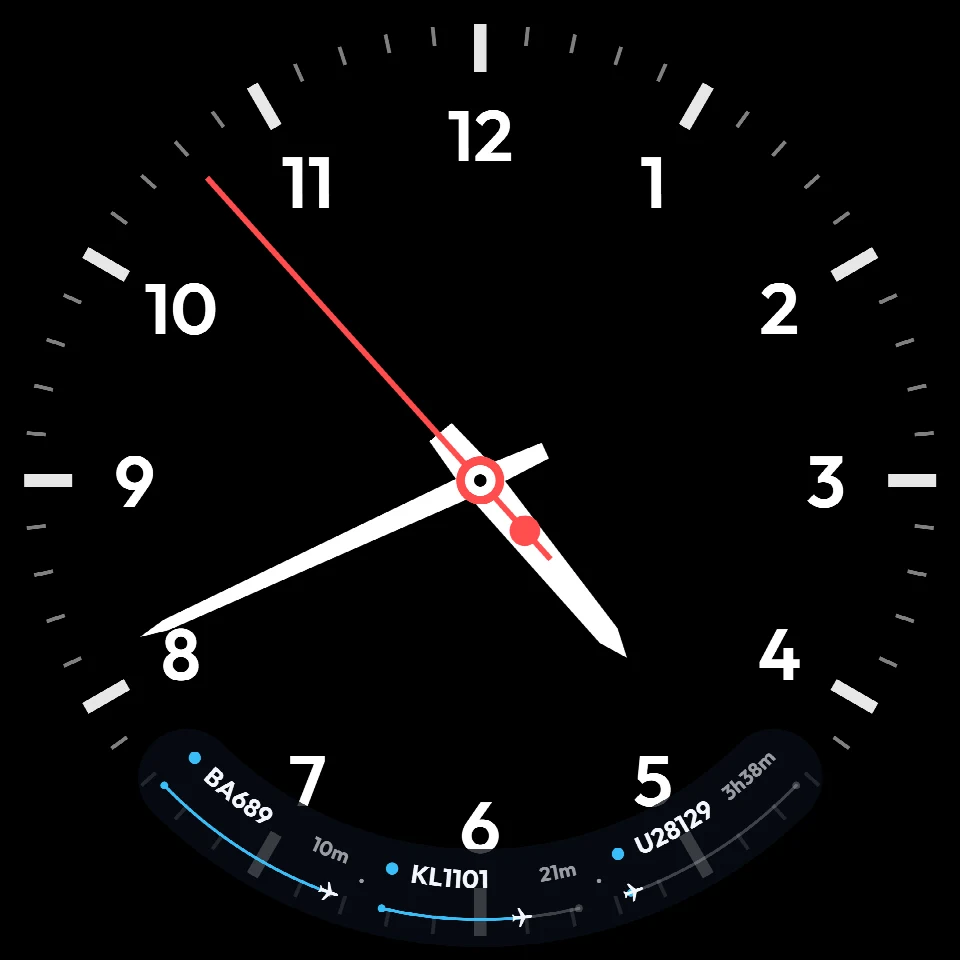 FlightAbove Altitude 5 inch round showing the on-screen Tracker HUD with three followed flights, their routes and time remaining along the bottom of the face