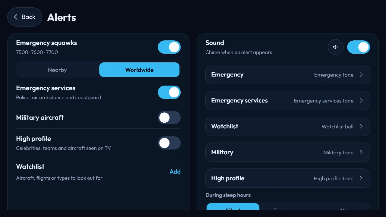 FlightAbove Horizon 7 inch widescreen showing the on-screen Alerts menu with emergency squawks, emergency services, military, high profile, watchlist and sound