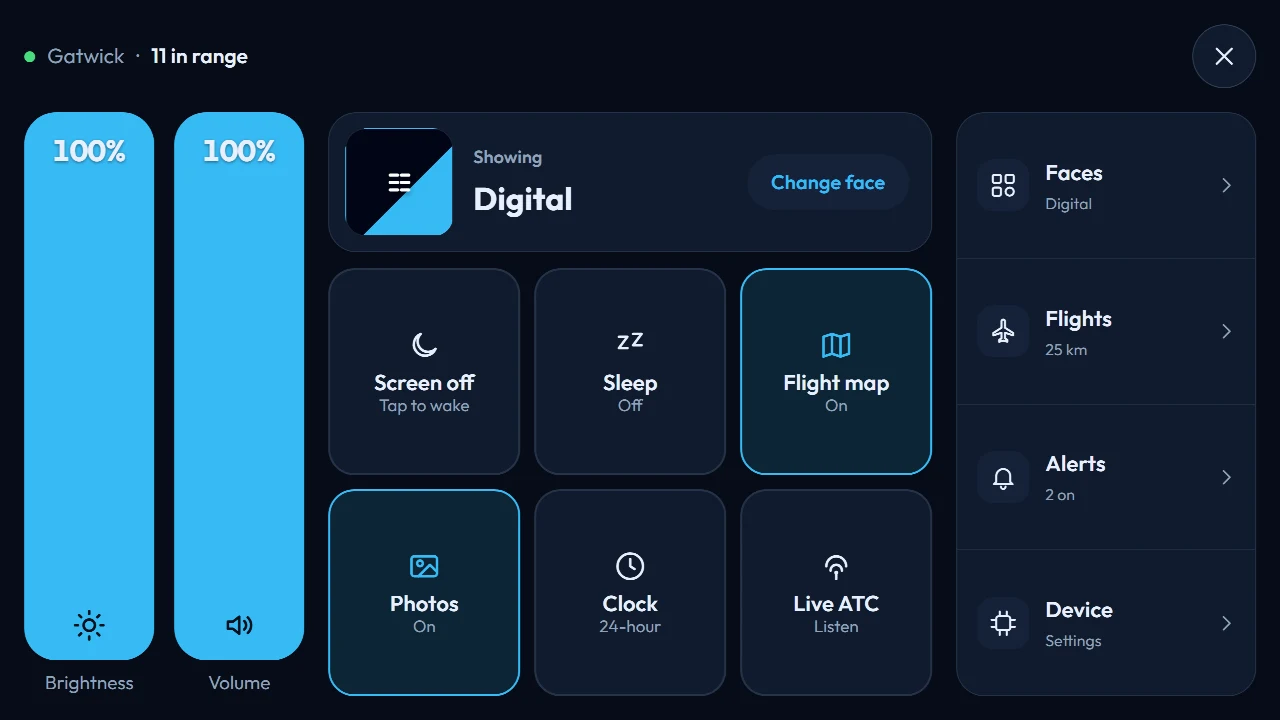FlightAbove Horizon on-screen controls for brightness, volume, faces, flights, alerts and device settings
