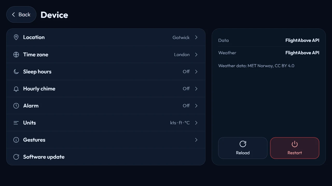 FlightAbove Horizon 7 inch widescreen showing the on-screen Device menu with location, time zone, sleep hours, hourly chime, alarm, units, gestures and software update