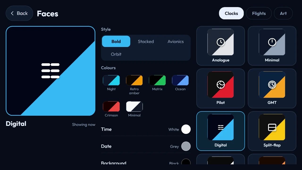 FlightAbove Horizon 7 inch widescreen showing the on-screen Faces menu with face styles, colour presets and per-face options