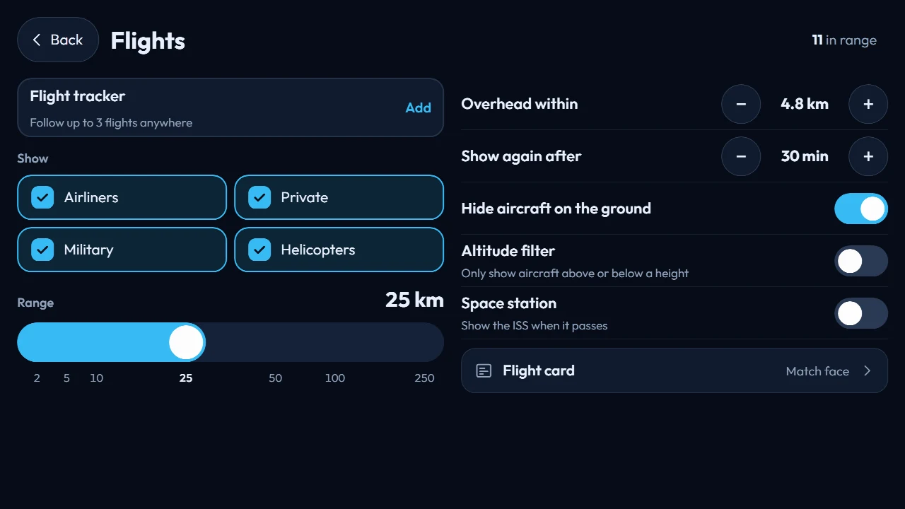 FlightAbove Horizon 7 inch widescreen showing the on-screen Flights menu with the flight tracker, aircraft types, range, overhead distance and show again timer
