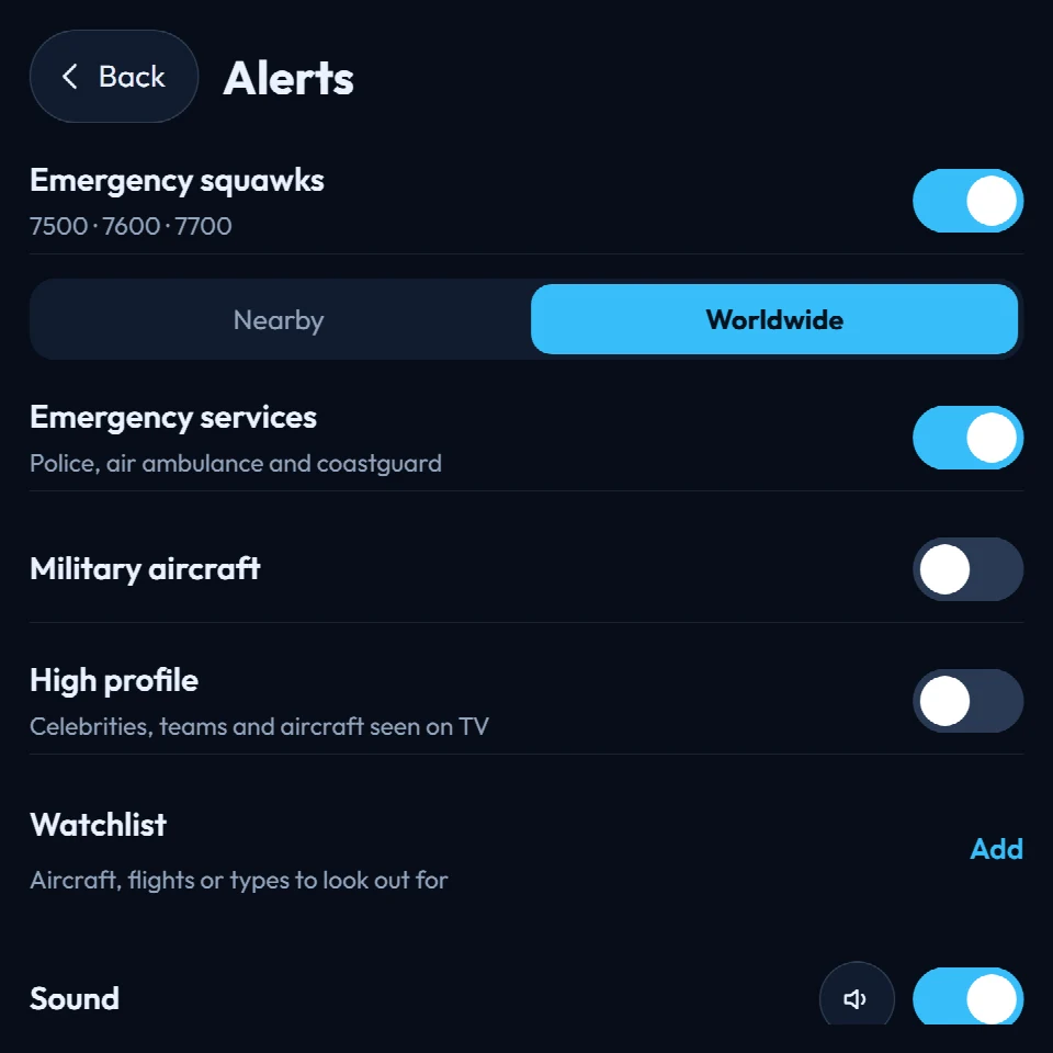 FlightAbove Mini 4 inch square showing the on-screen Alerts menu with emergency squawks, emergency services, military, high profile, watchlist and sound