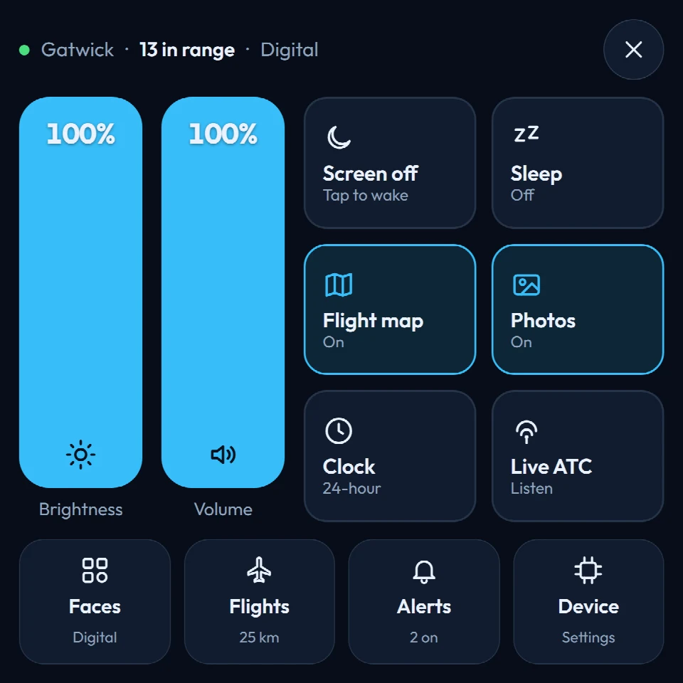 FlightAbove Mini 4 inch square screen showing brightness, screen off, sleep, the flight map, photos, the clock, and the Faces, Flights, Alerts and Device menus