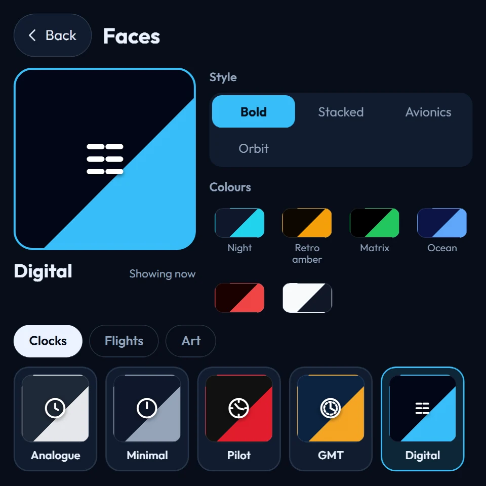 FlightAbove Mini 4 inch square screen showing the Faces menu