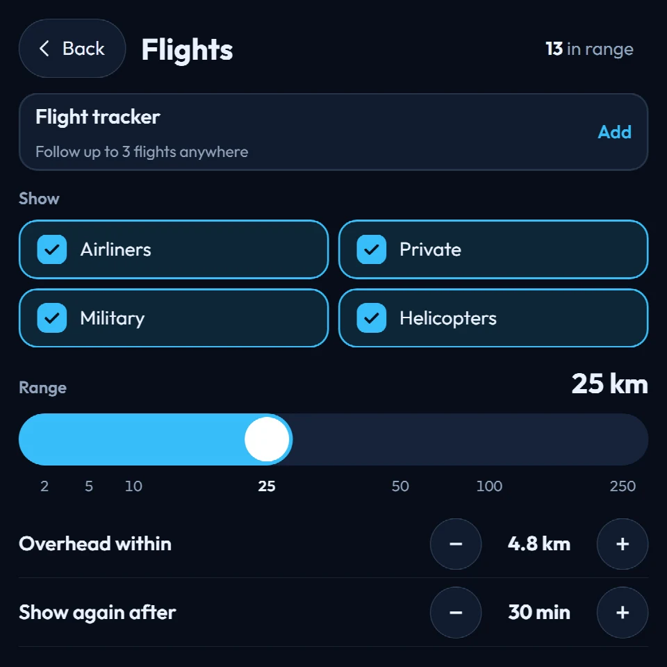 FlightAbove Mini 4 inch square showing the on-screen Flights menu with the flight tracker, aircraft types, range, overhead distance and show again timer