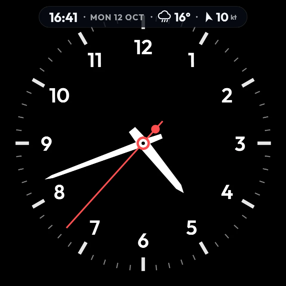 FlightAbove Mini 4 inch square showing the on-screen HUD info bar with the time, date, weather and wind across the top of the face