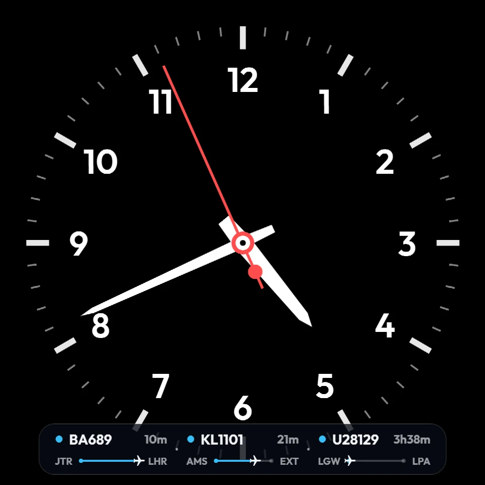 FlightAbove Mini 4 inch square showing the on-screen Tracker HUD with three followed flights, their routes and time remaining along the bottom of the face
