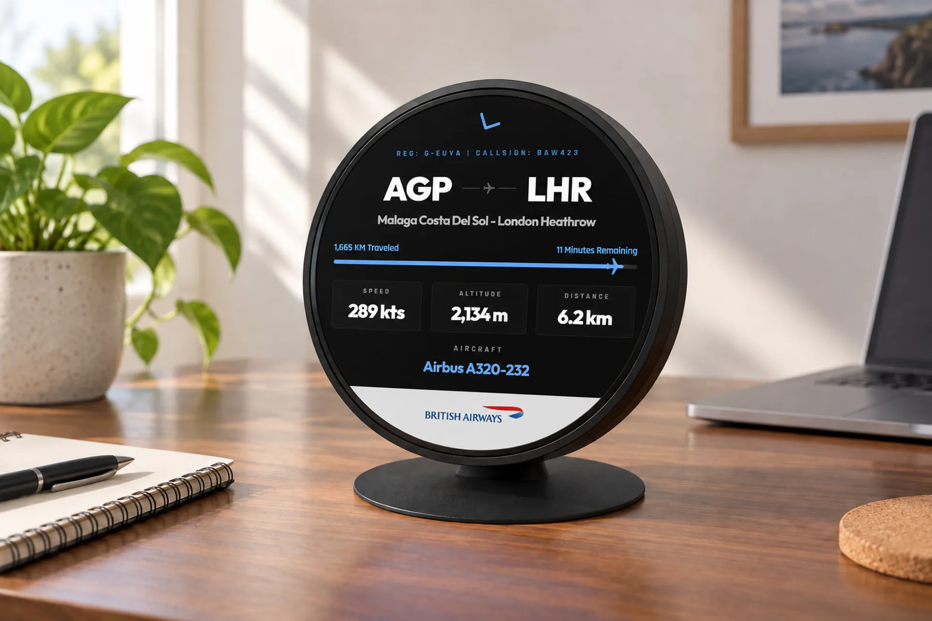 FlightAbove Altitude 5 inch circular display showing live aircraft on a desk