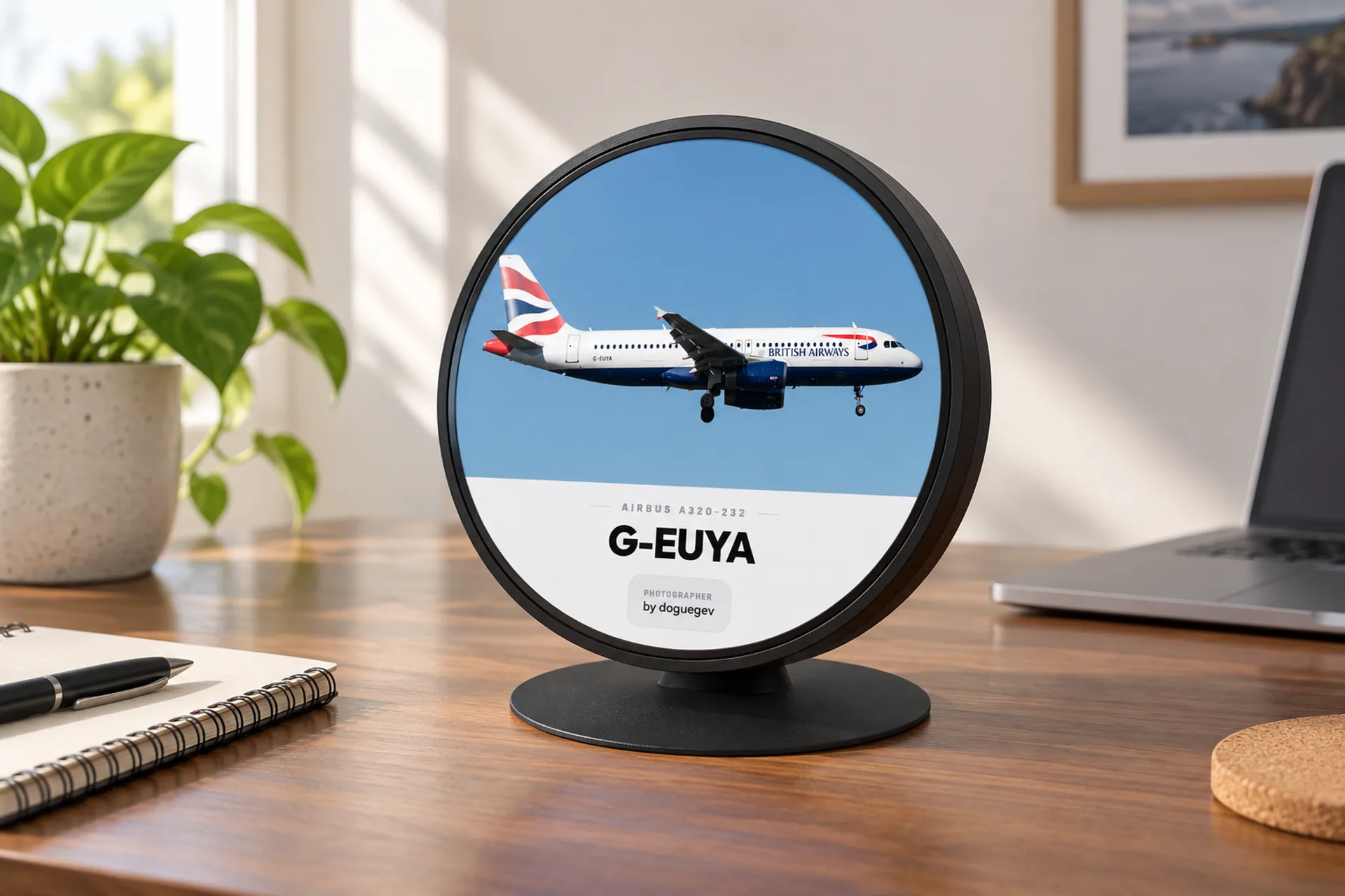 FlightAbove Altitude circular display showing a photograph of a British Airways Airbus A320 overhead