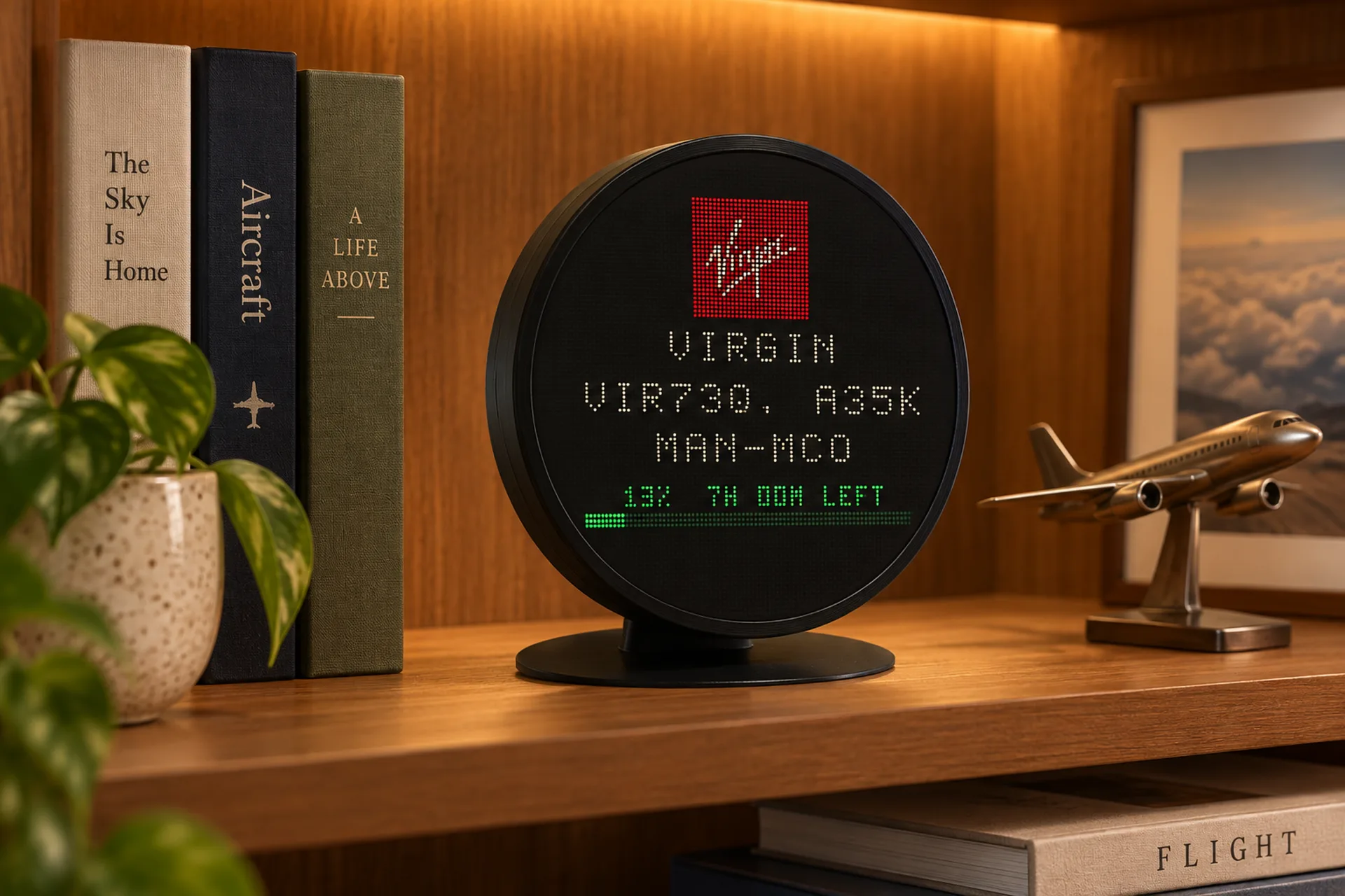 FlightAbove Altitude 5 inch circular display in LED Wall mode tracking a Virgin Atlantic flight