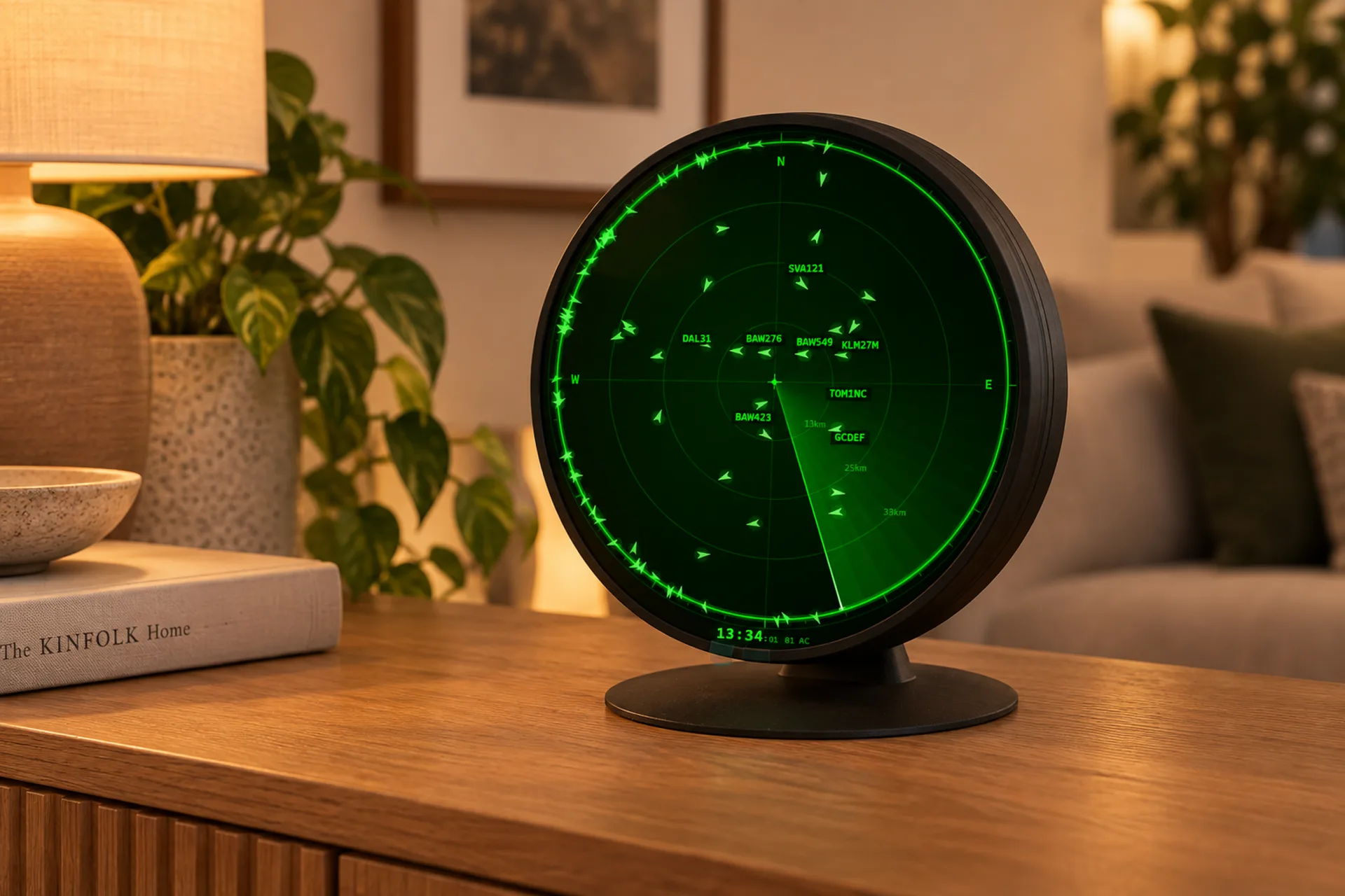 FlightAbove Altitude circular display in radar mode showing live aircraft around the home