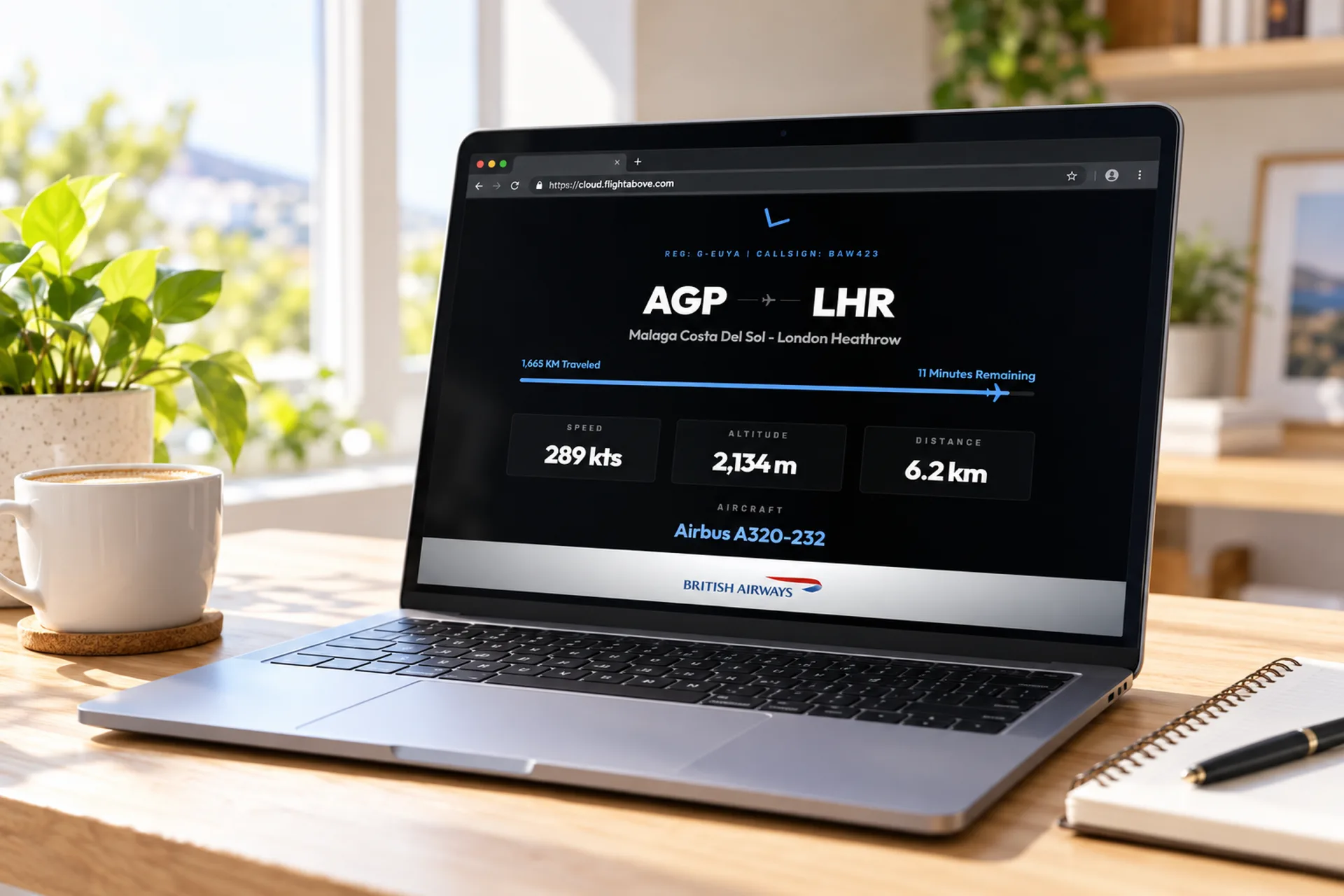 FlightAbove Cloud in a laptop browser showing live aircraft