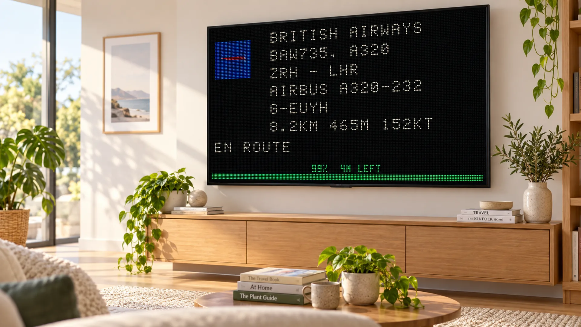 FlightAbove Cloud in LED Wall mode on a living-room television tracking a British Airways flight into Heathrow