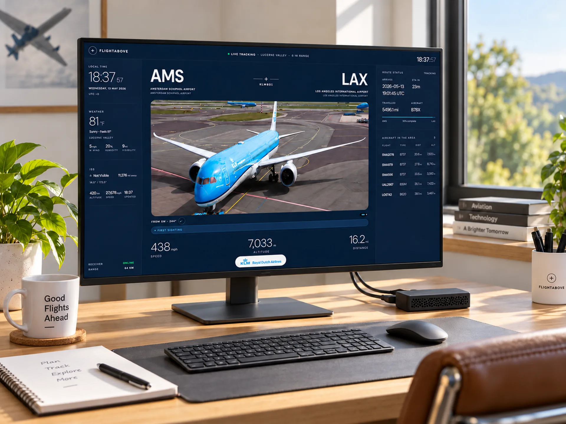 FlightAbove Connect plugged into a home-office monitor, printed case out of shot feeding the screen