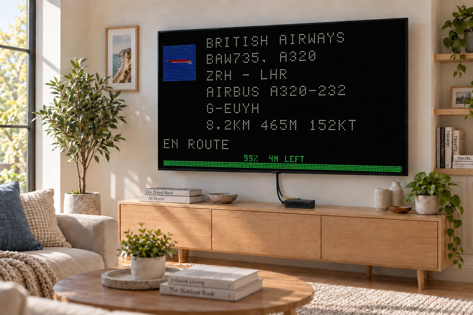 FlightAbove LED Wall on a living-room television tracking a live flight