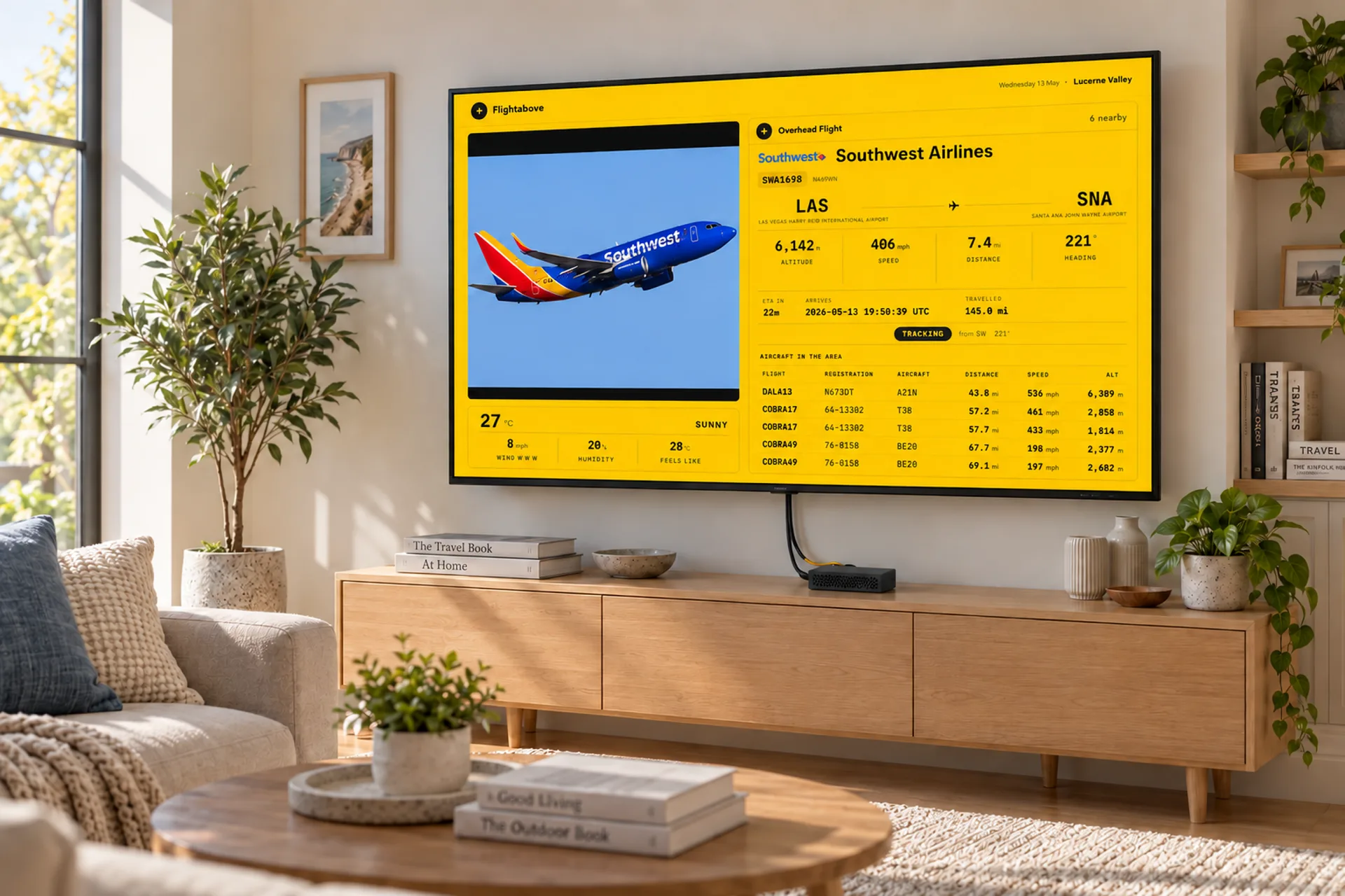 FlightAbove Connect on a living-room TV showing live aircraft