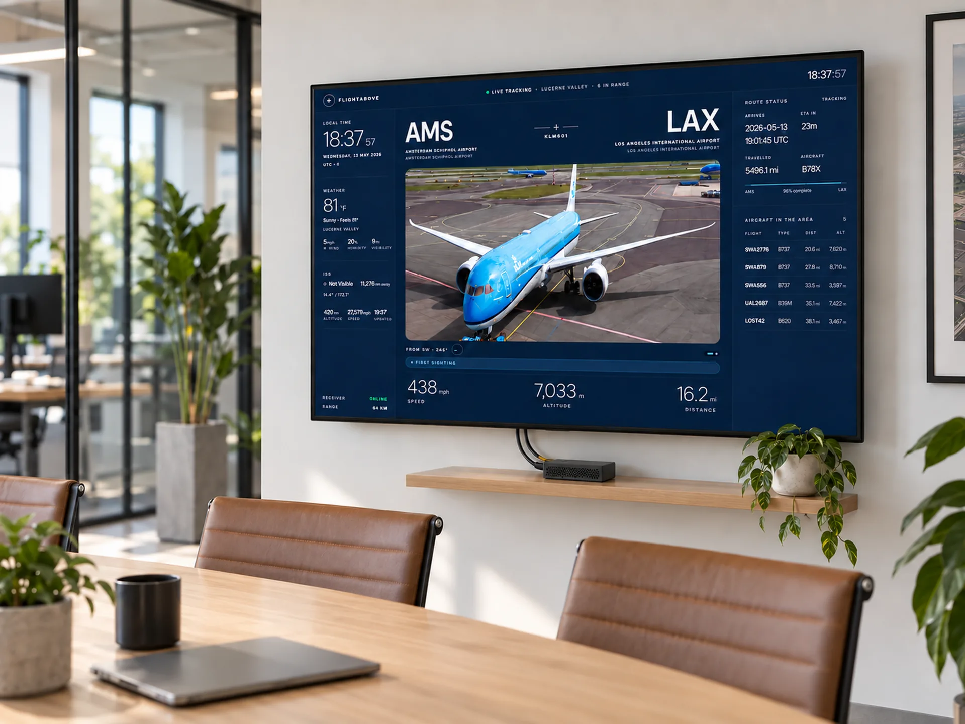 FlightAbove Connect on a meeting-room display showing a KLM flight from Amsterdam to Los Angeles
