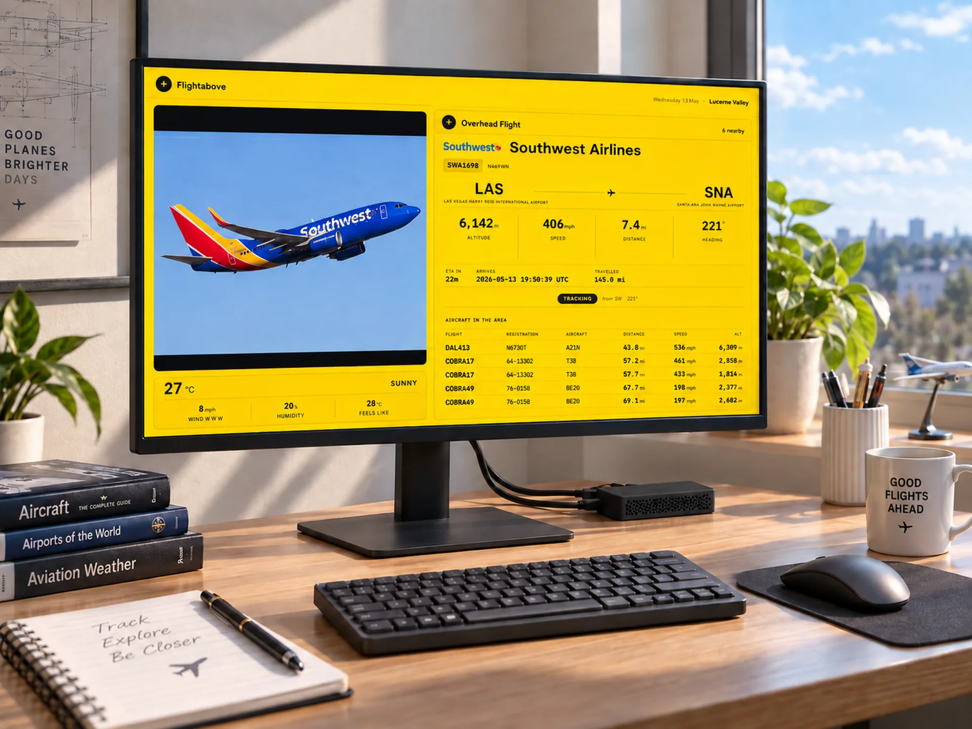 FlightAbove Connect on a study desk monitor showing live Las Vegas to Santa Ana flight information