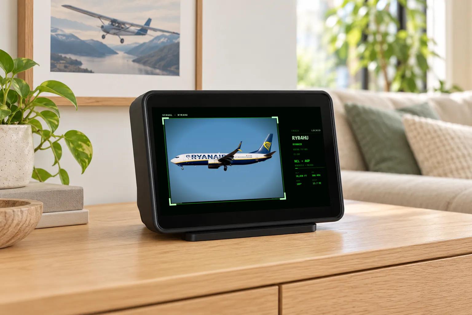 FlightAbove Horizon in radar visual mode showing a photograph of the locked Ryanair Boeing 737