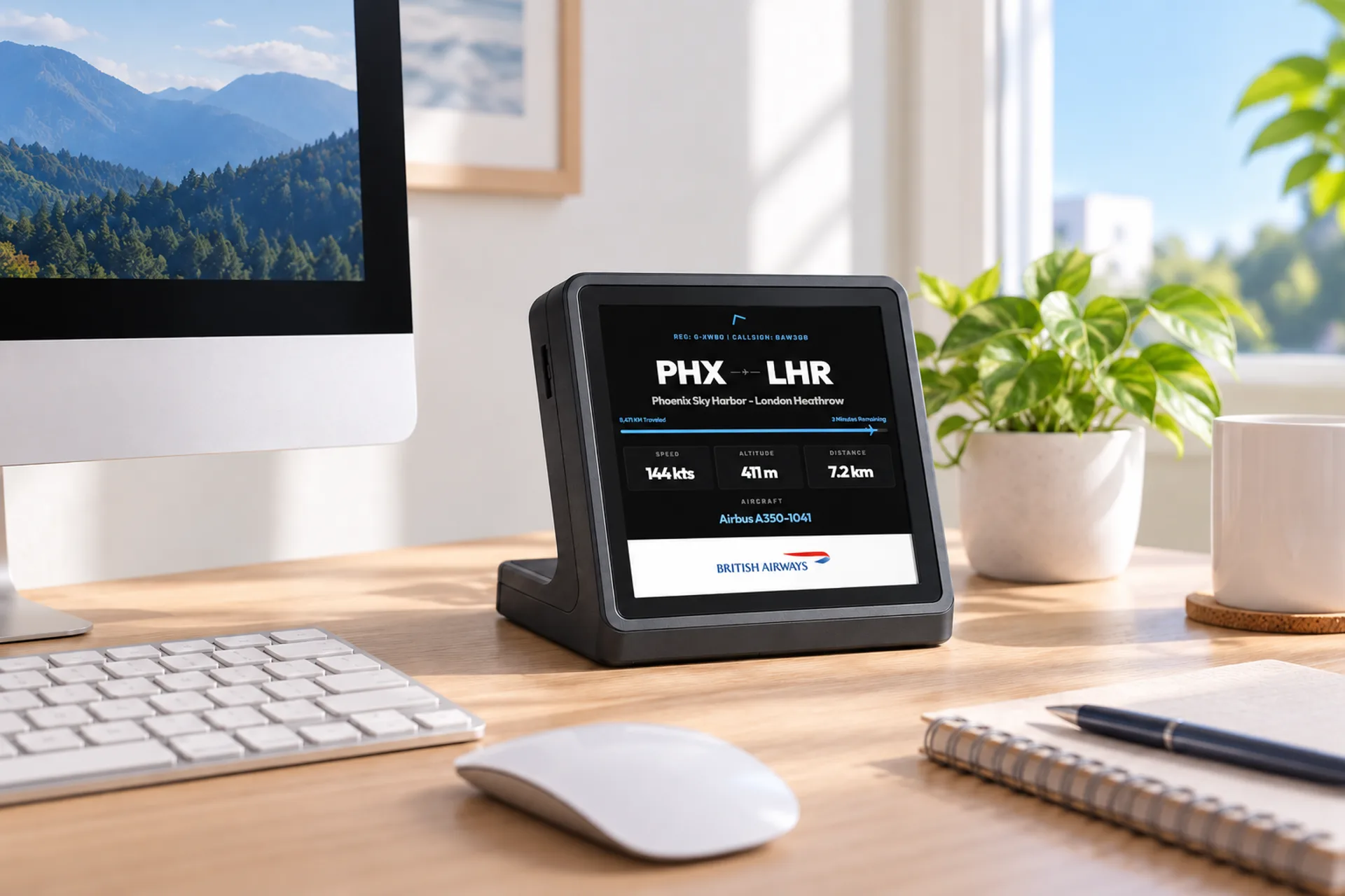 FlightAbove Mini 4 inch square display showing live aircraft on a desk