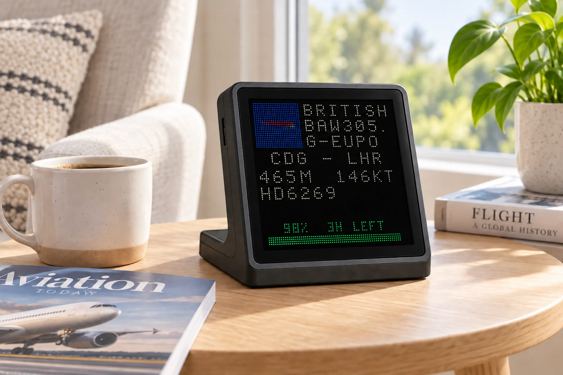 FlightAbove Mini square display in LED Wall mode showing a British Airways flight into Heathrow