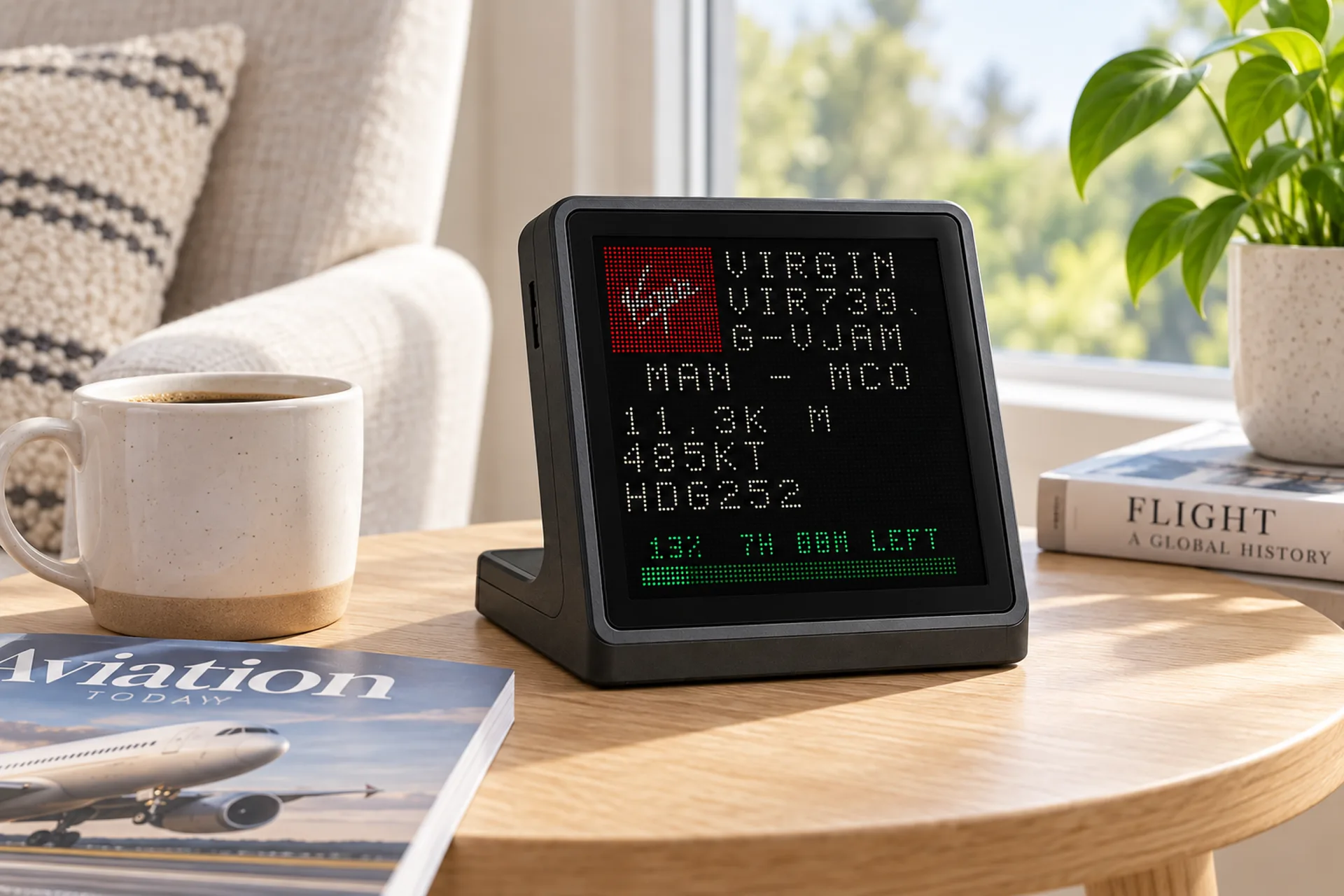 FlightAbove Mini 4 inch square display in LED Wall mode on a desk