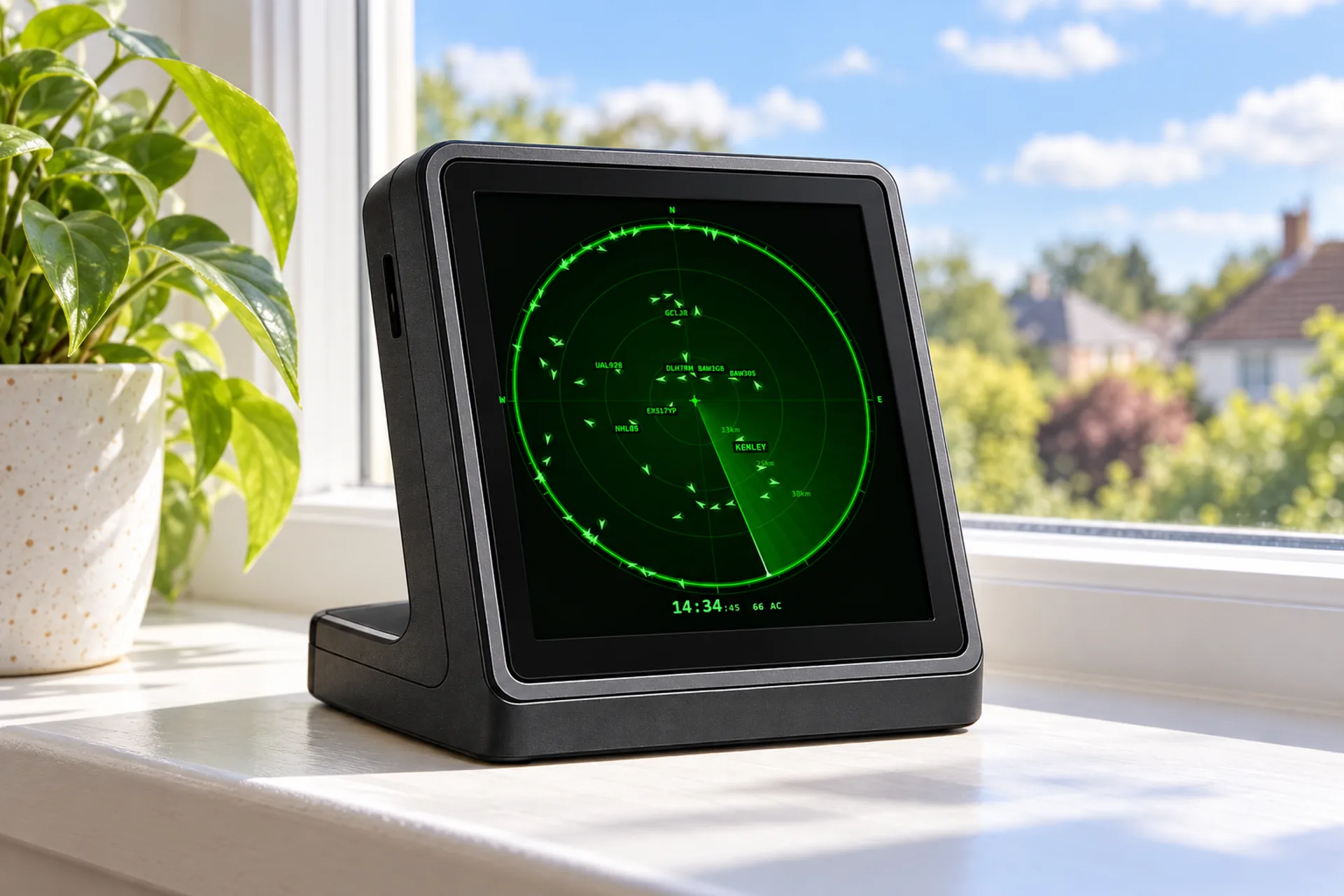 FlightAbove Mini square display in radar mode on a windowsill showing live aircraft nearby