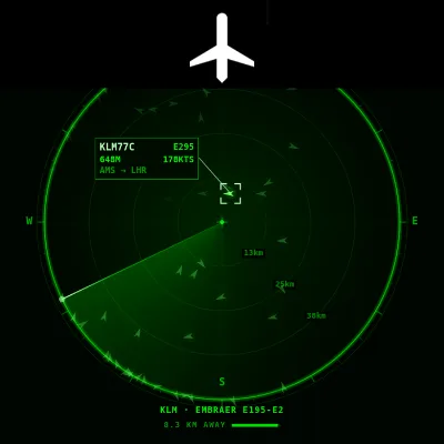 FlightAbove Radar board showing live aircraft as labelled blips